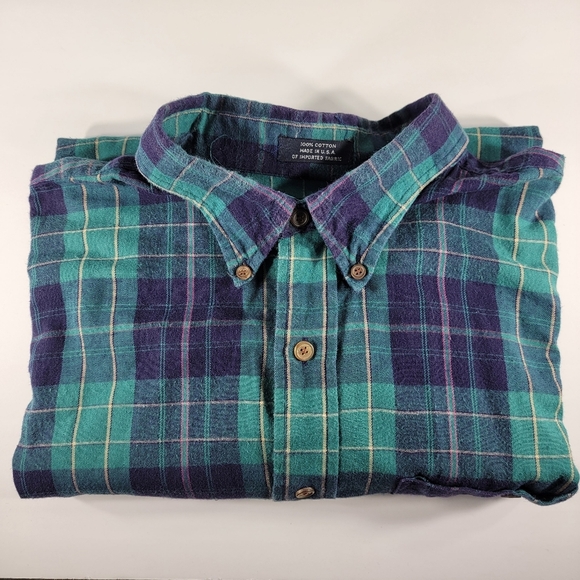 Vintage Arrow Carriage Trade XL Flannel US Made Long Sleeve Purple Green Plaid - Picture 1 of 7